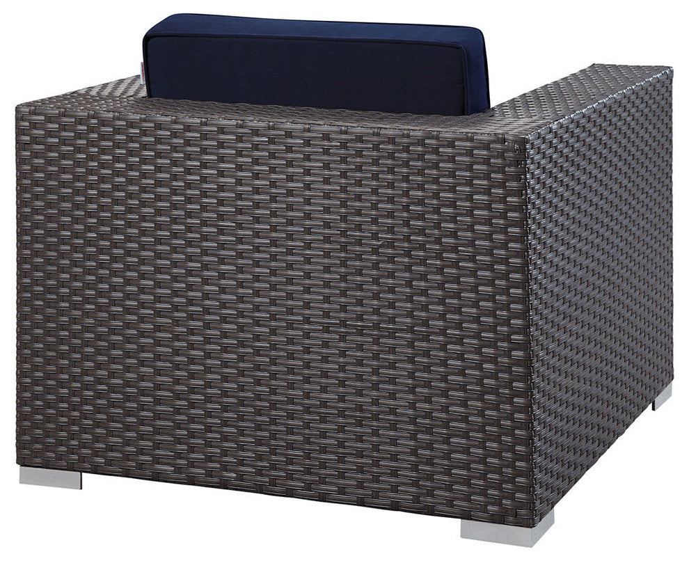 Modern Contemporary Outdoor Patio Armchair, Navy, Fabric, Synthetic Rattan