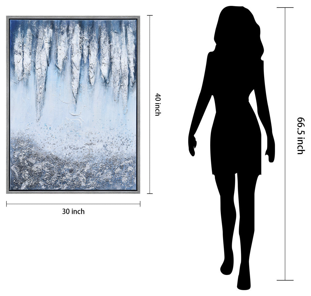 Blue and White Abstract Canvas Icicles Textured Metallic Hand Painted Wall Art
