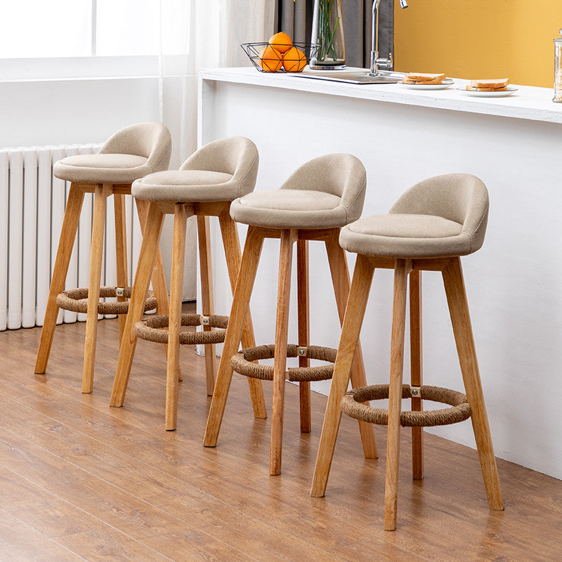 Retro-Styled Rotating High Bar Stool Made of Solid Wood, Beige, Linen