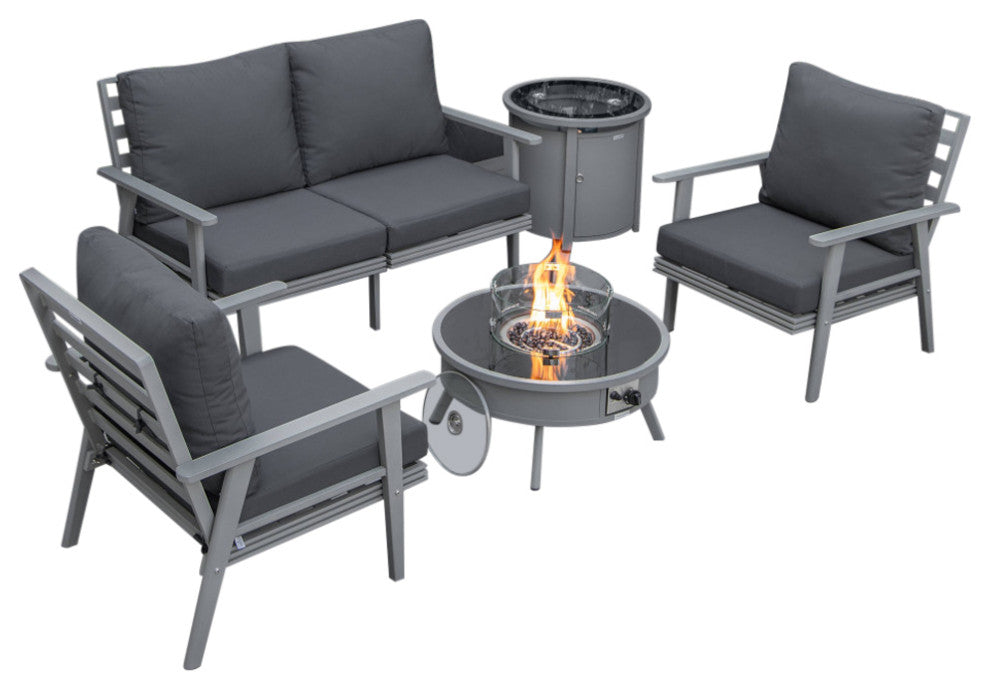 LeisureMod Walbrooke Grey Patio Sofa Set With Round Fire Pit Table, Charcoal
