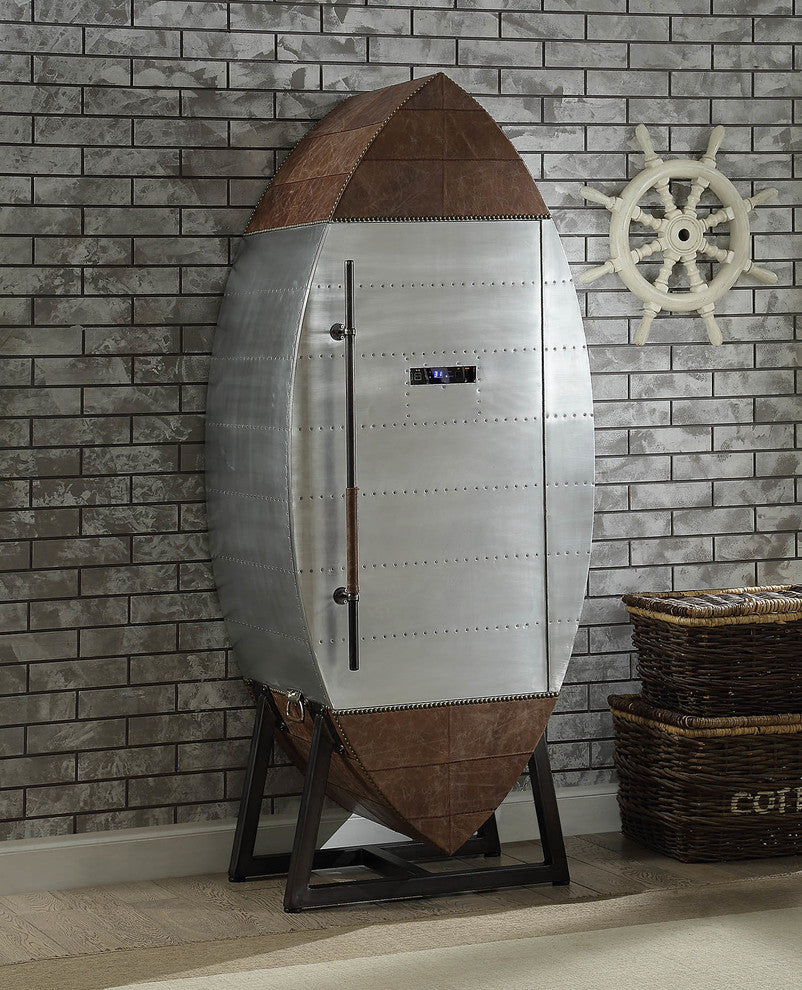 Brancaster Wine Cooler, Brown Leather and Aluminum