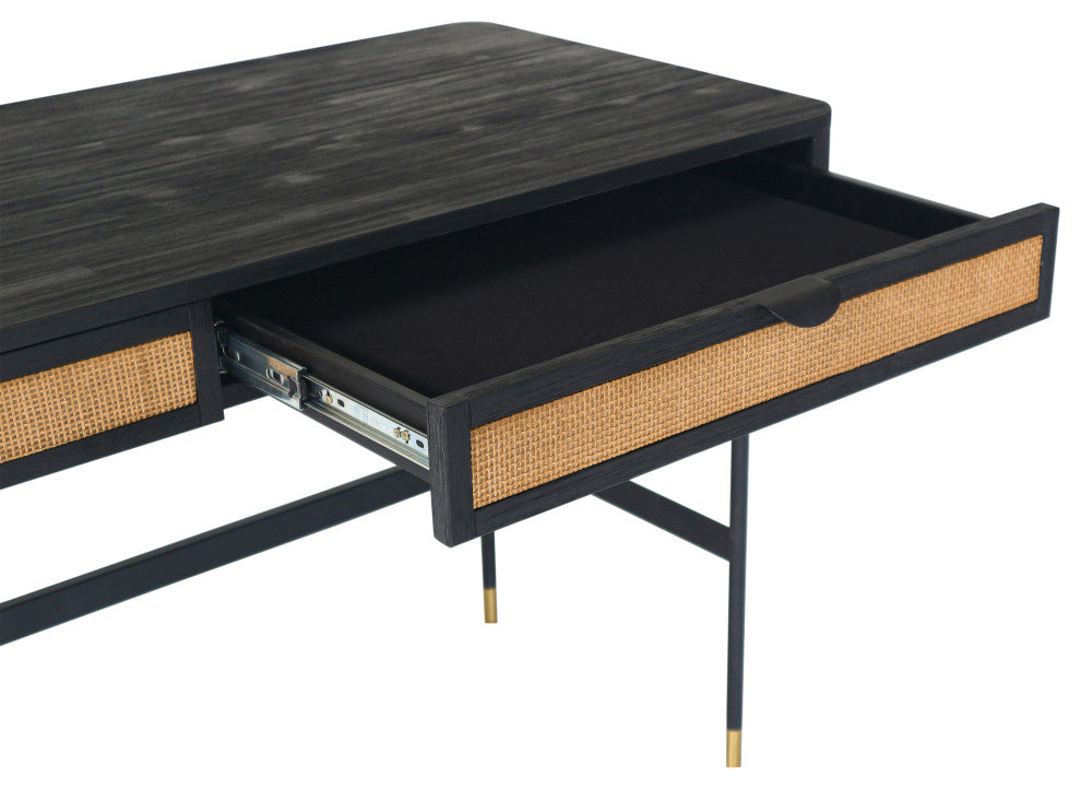 Saratoga 2 Drawer Desk in Black Acacia with Rattan