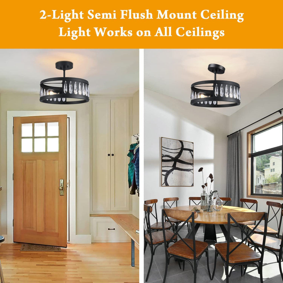2 Light Semi Flush Ceiling Light, Crystal, Industrial Ceiling Lamp