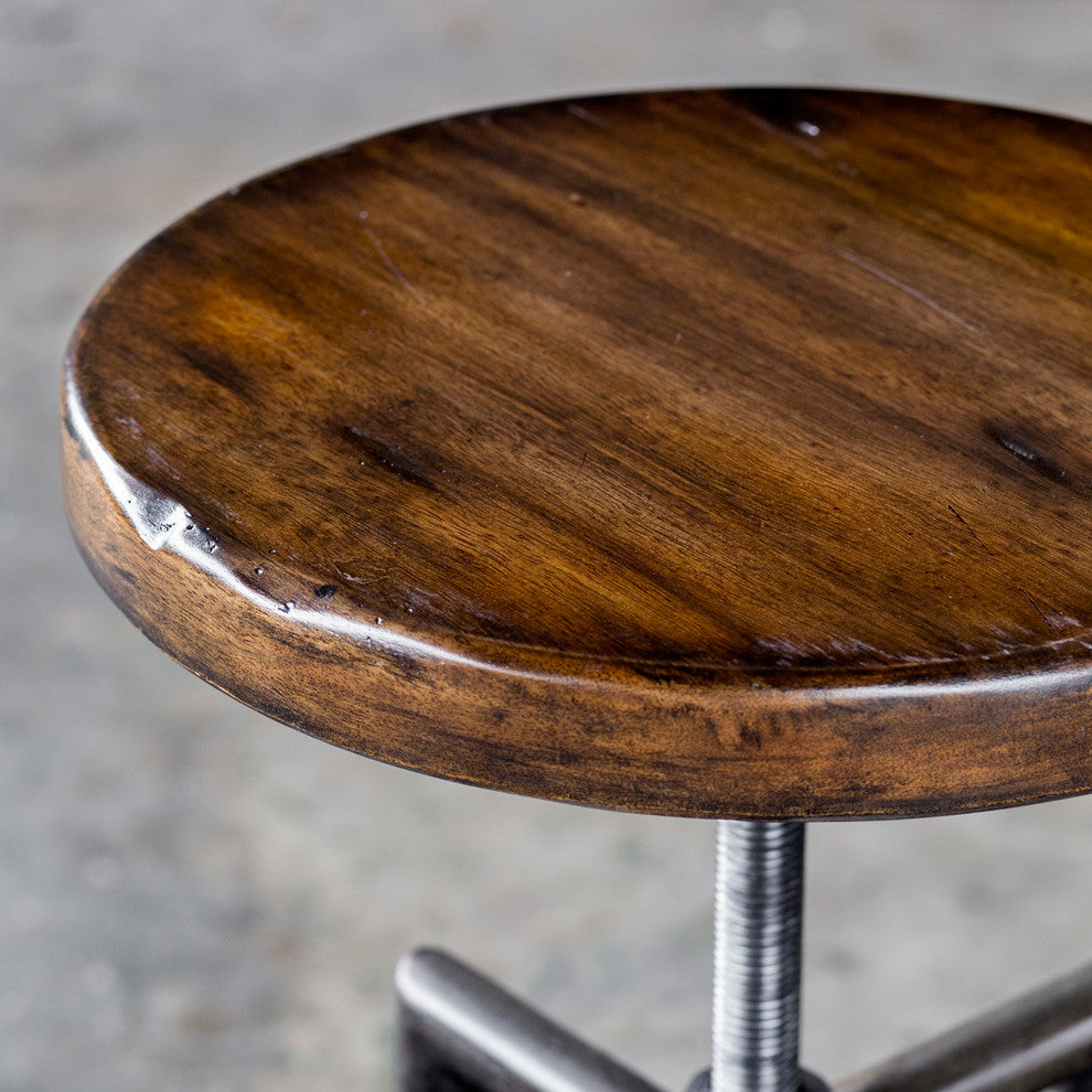 Round Industrial Antique Style Bar Stool, Adjustable Screw Seat Wood Steel Iron