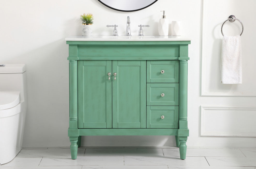 36" Single Bathroom Vanity, Vintage Mint With Ivory White Engineered Marble