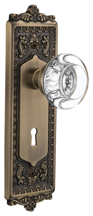 Single Egg & Dart Plate With Round Clear Crystal Knob, Antique Brass