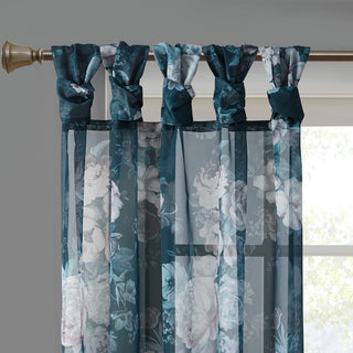 Madison Park Simone Printed Floral Twist Tab Top Voile Sheer Curtain, Navy