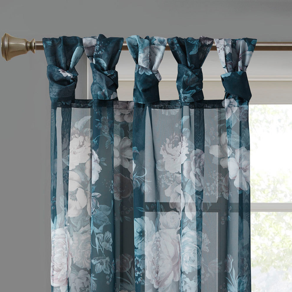 Madison Park Simone Printed Floral Twist Tab Top Voile Sheer Curtain, Navy