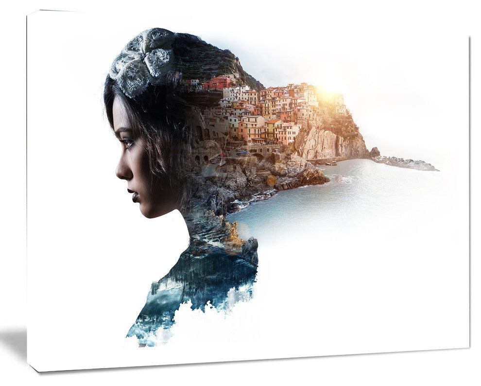 Double Exposure Woman Portrait, Portrait Canvas Art Print, 60"x28"
