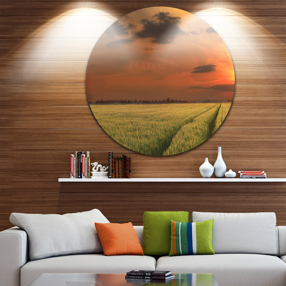 Sunset Over A Field Of Cereals, Round Wall Art Landscape, 11"