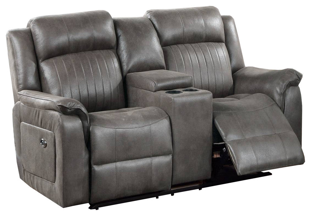 Benzara BM232608 Fabric Manual Loveseat With 2 Cupholders and Console, Gray