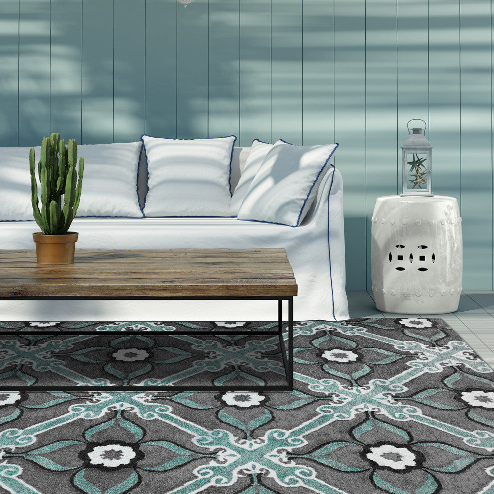 Peranakan Tile Collection Spa 5' x 8' Rectangle Indoor-Outdoor Area Rug