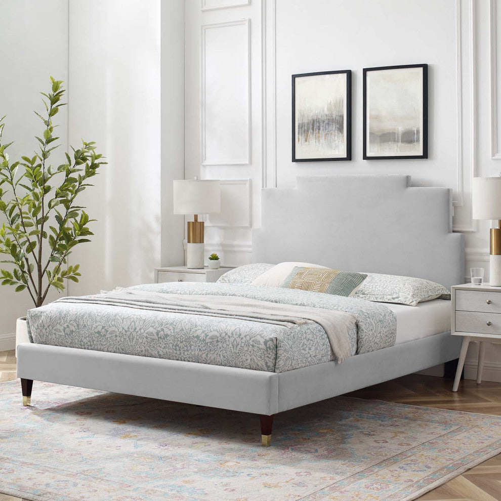 Platform Bed Frame, Queen Size, Velvet, Light Gray, Modern Contemporary