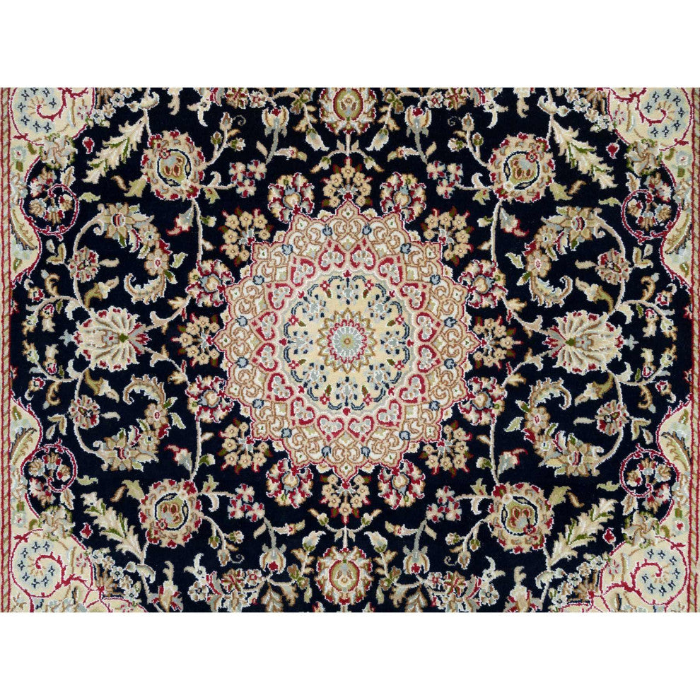 Blue, 250 KPSI, Natural Wool, Hand Knotted, Nain Design Square Rug, 6'3"x6'