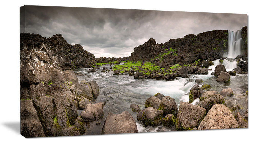 Dramatic Oxarafoss Waterfalls, Abstract Art on Canvas, 40x20