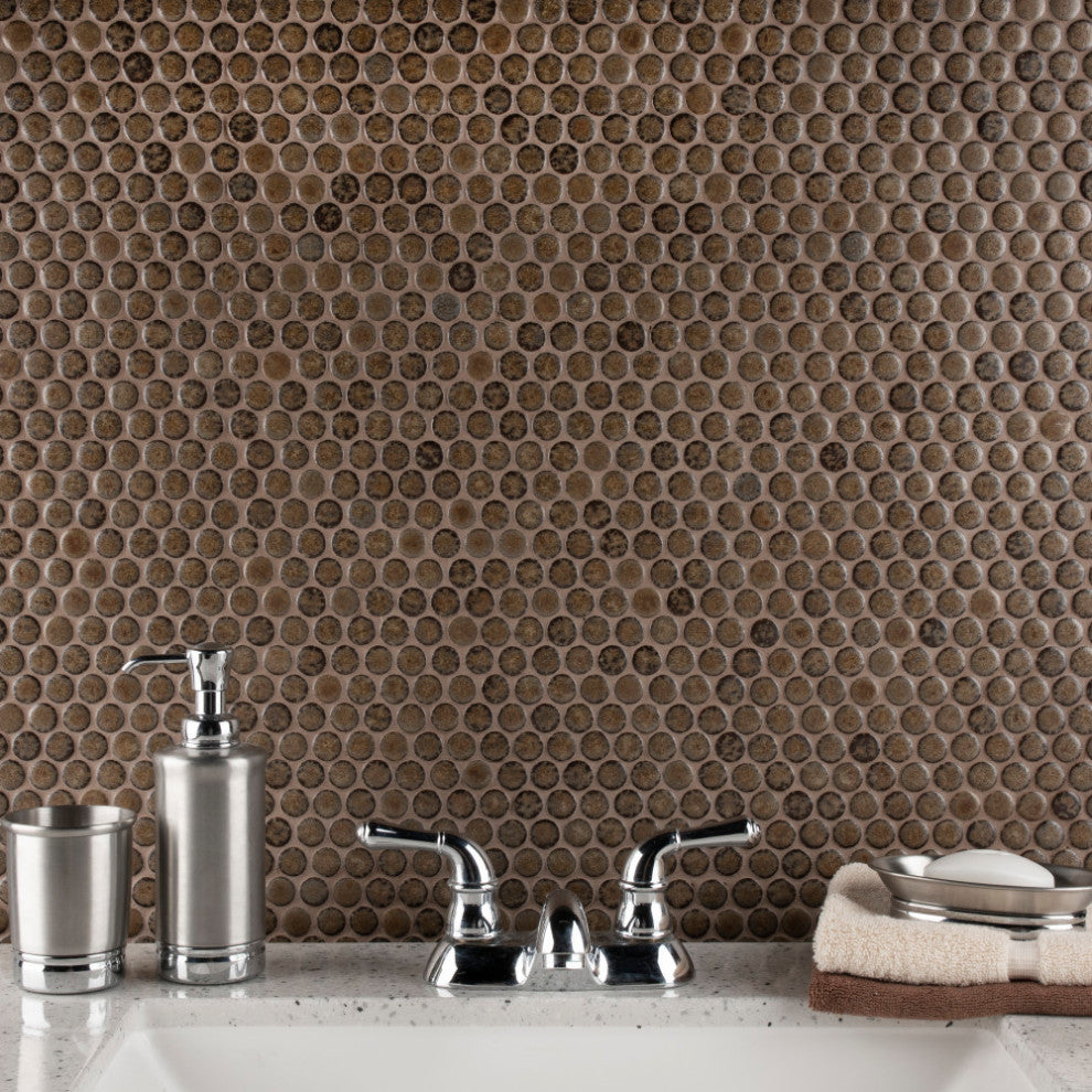 Hudson Penny Porcelain Mosaic Floor and Wall Tile, Brownstone