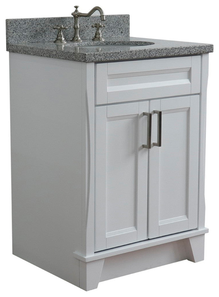 25" Single Sink Vanity, White Finish With Gray Granite And Oval Sink