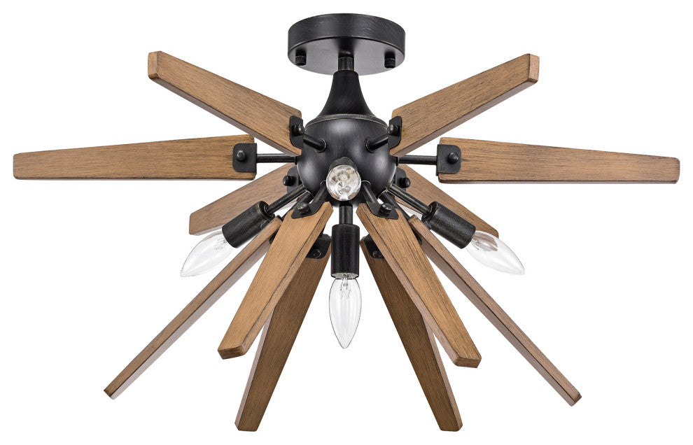 Kay 4-Light Antique Black Sputnik Natural Wood Flush Mount