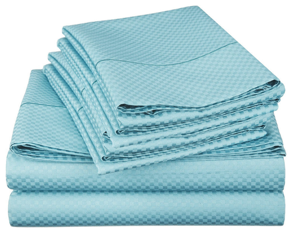 Checkered Collection Embossed 4 Piece Set, 1800 Series Bed Sheets, Blue, Queen