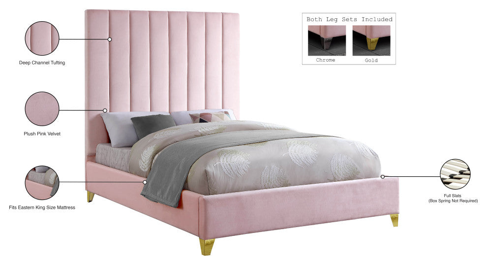 Via Velvet Upholstered Bed, Pink, King