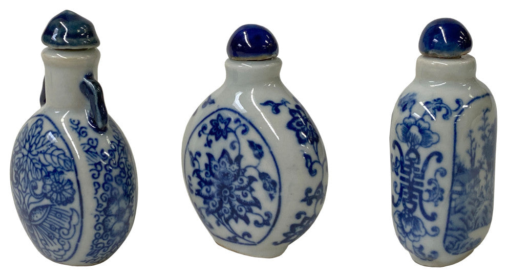 3 Piece Chinese Porcelain Snuff Bottle With Blue White Flower Graphic Hws2455