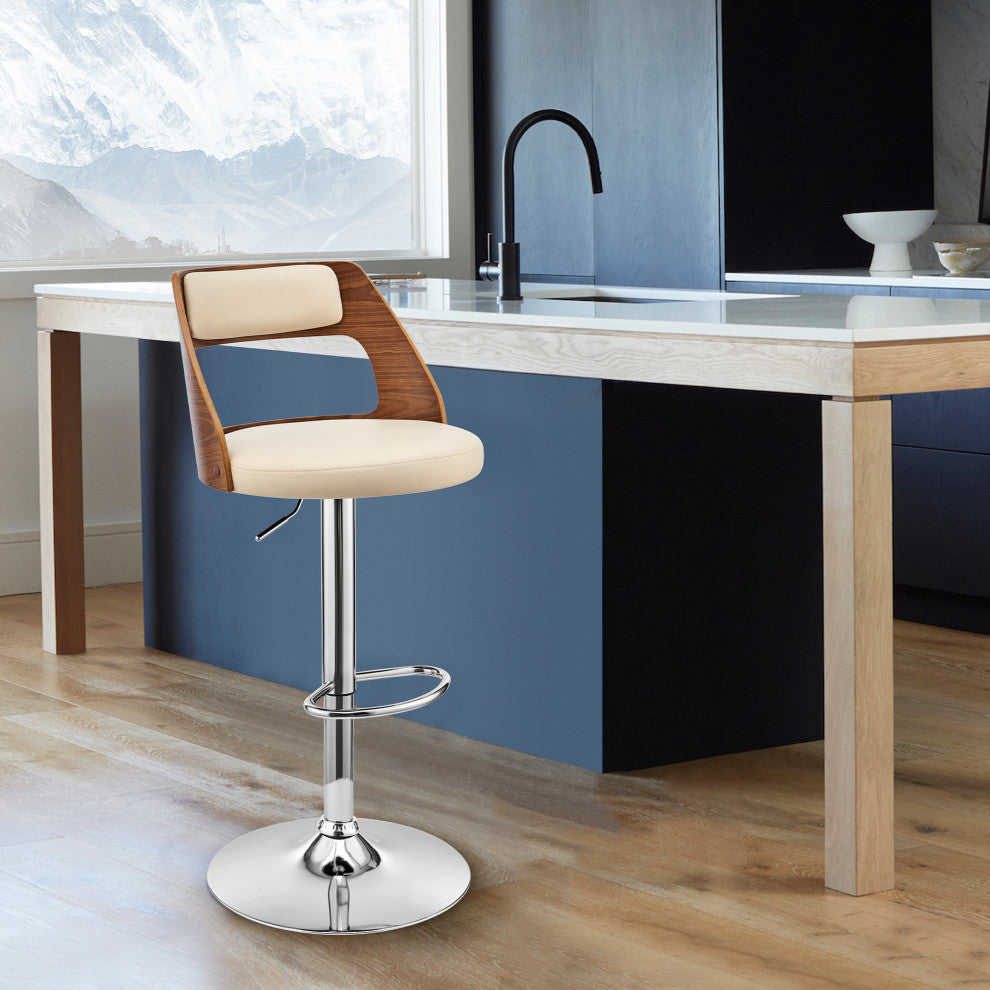 Cream Upholstered Chrome Base Adjustable Swivel Bar Stool