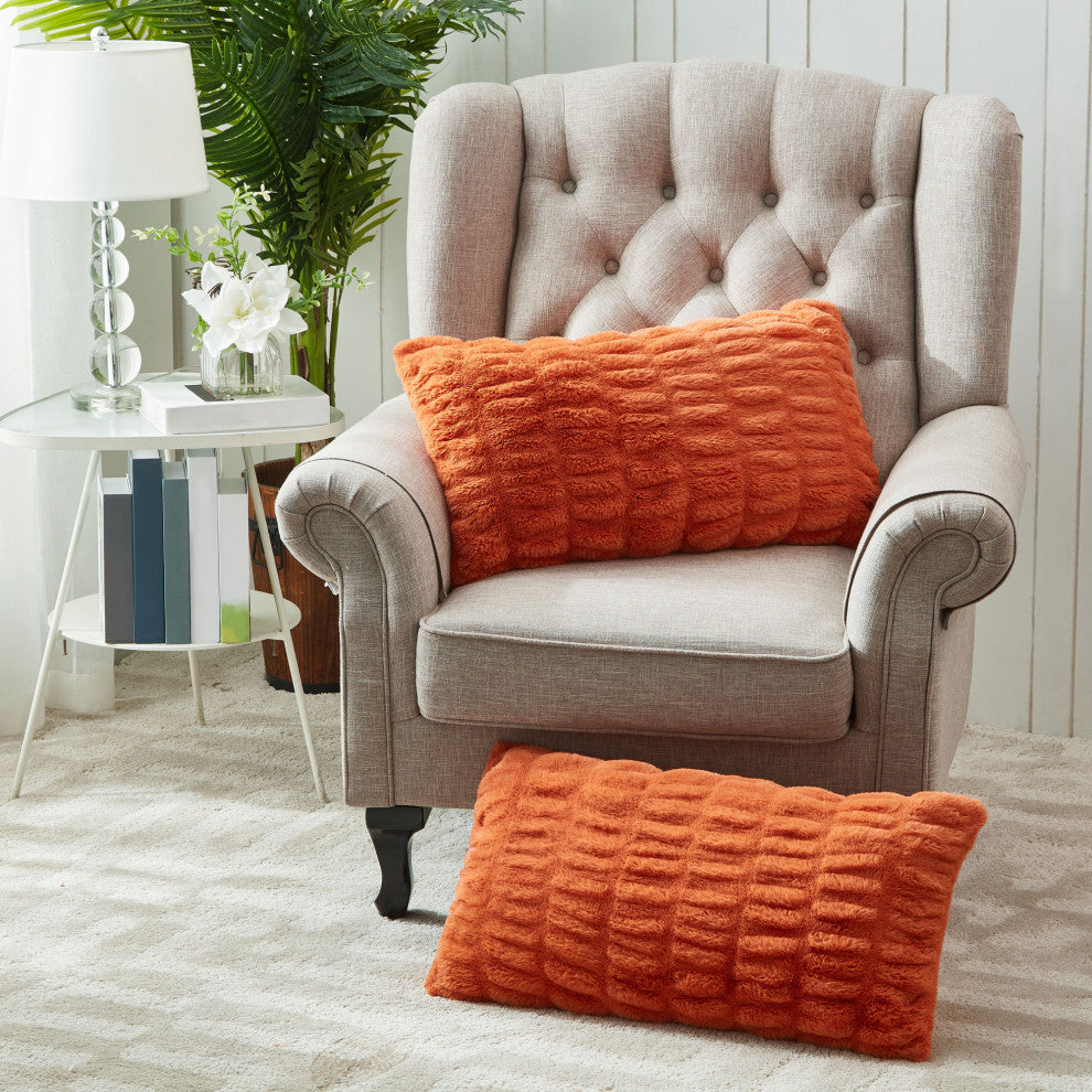 Shar Pei Faux Fur Pillow Shell Set, Burnt Orange, 2 Piece Lumbar, 14"x26"
