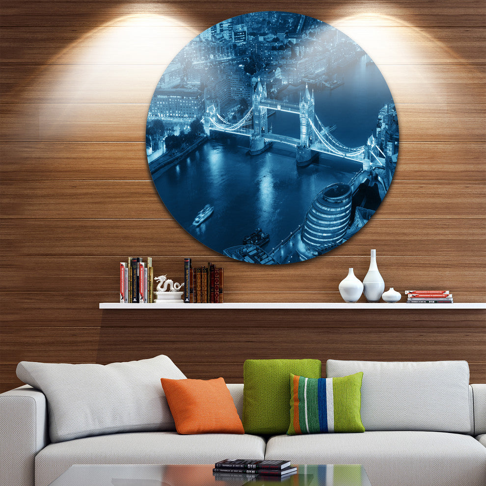 Blue London Night Aerial View, Cityscape Round Metal Wall Art, 11"