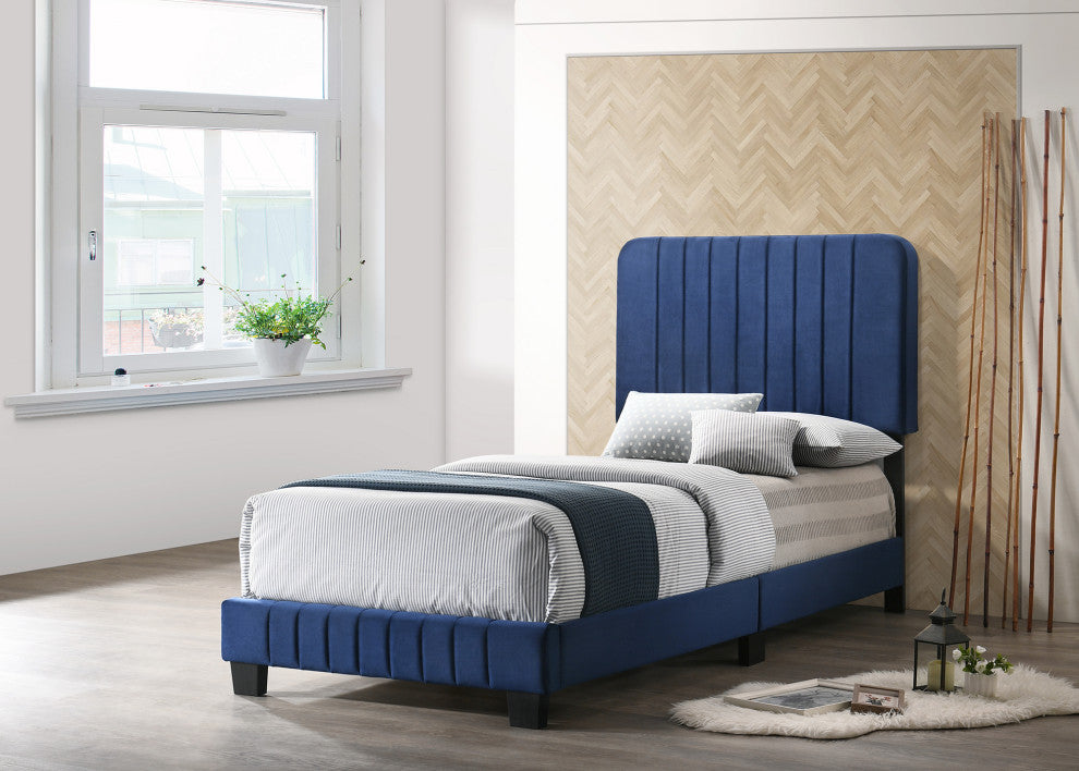 Lodi Velvet Upholstered Channel Tufted Twin Panel Bed, Navy Blue