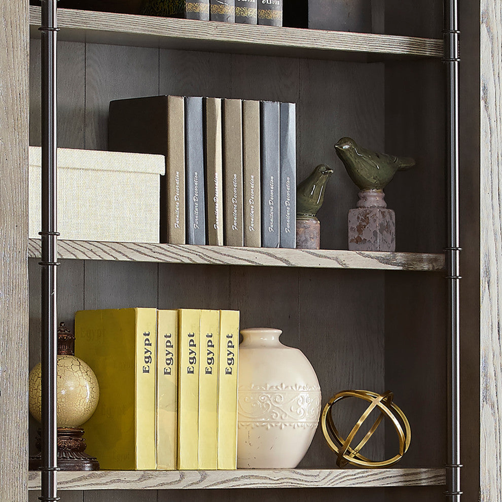 8' Tall Bookcase Wall With Ladder, Storage Organizer, Gray