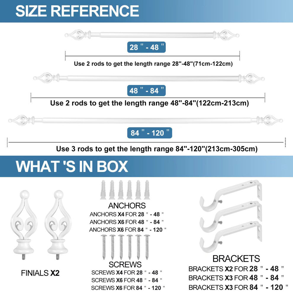 1" Portia Drapery Curtain Rod, Glossy White, 84"-120"