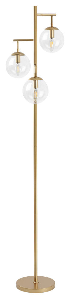 3-Light Gold Tree Floor Lamp with Glass Globe Shades, Clear Glass Shades