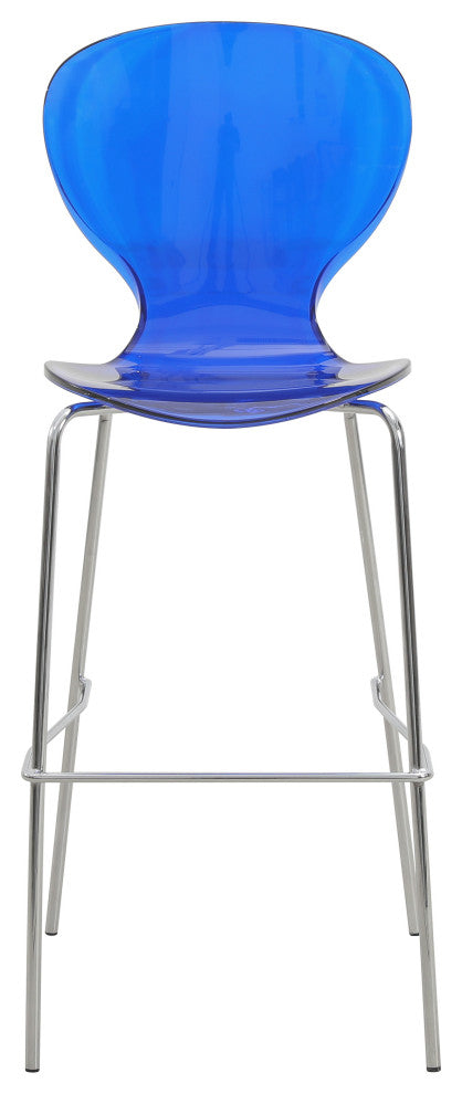 LeisureMod Oyster Acrylic Barstool With Steel Frame Set of 2, Transparent Blue
