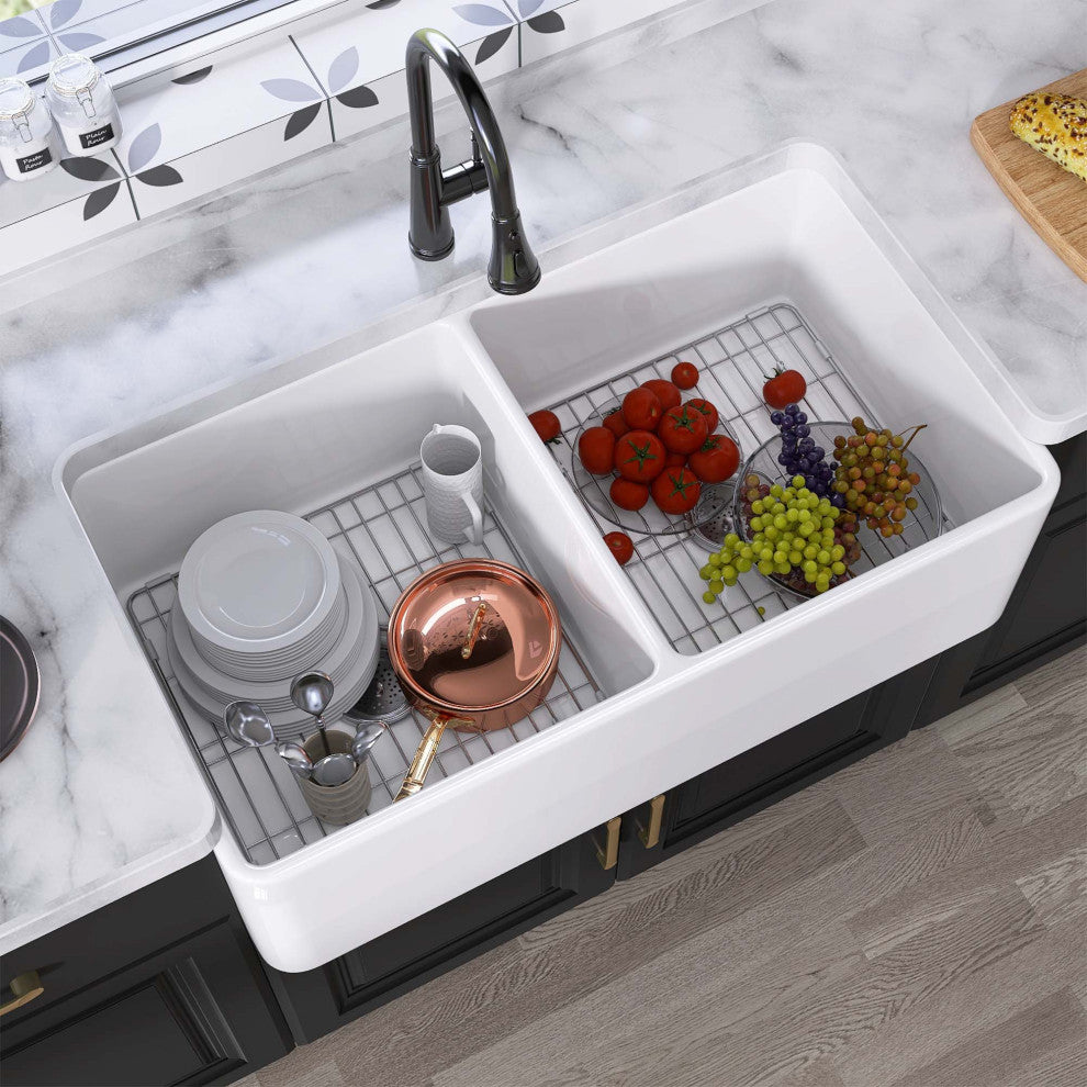 33"X18" Apron Front Double Bowl Fireclay Farmhouse Kitchen Sink with Accessories
