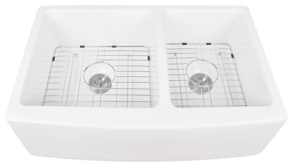 33" X 21" Double Basin Farmhouse Kitchen Sink with Sink Grid and Basket Strainer