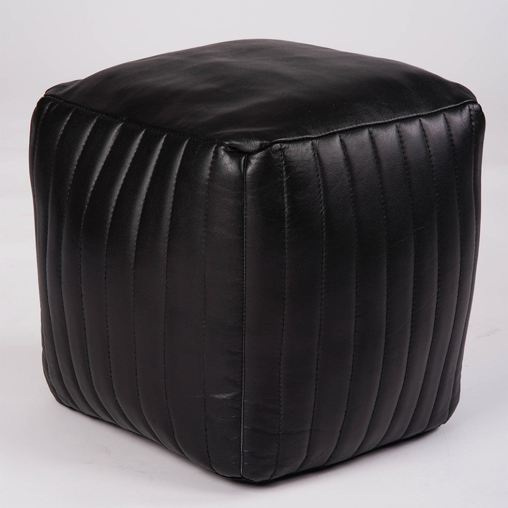 Poufs-Solid Handmade Goat Leather Pouf, Recycled Cotton Fill, Black, 14x14x14