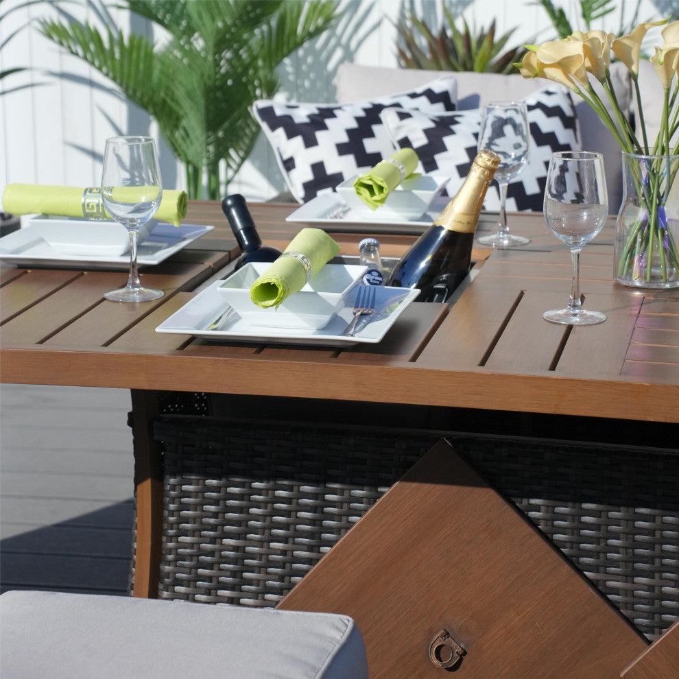 7-Piece Patio Wicker Sofa Set with Firepit & Ice Container Table, Brown