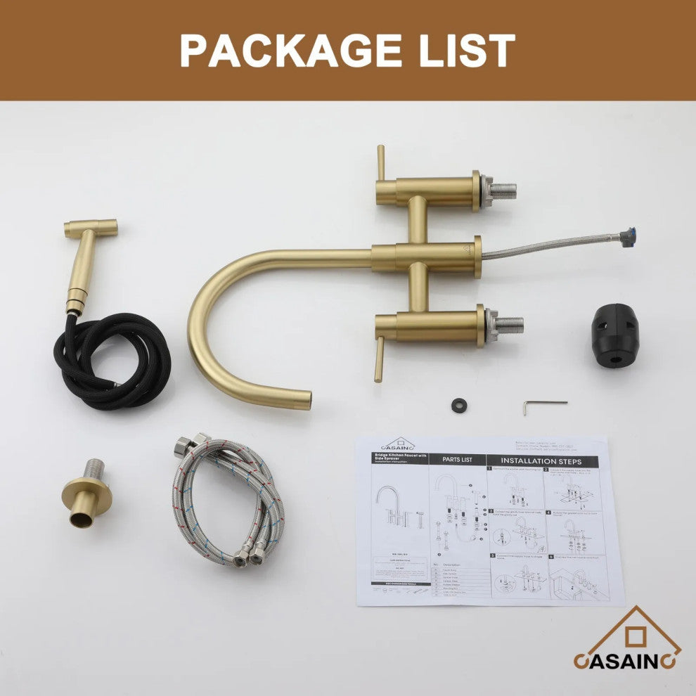 CASAINC Bridge Kitchen Faucet Double Handle with Side Sprayer 3 Color, Brushed Gold