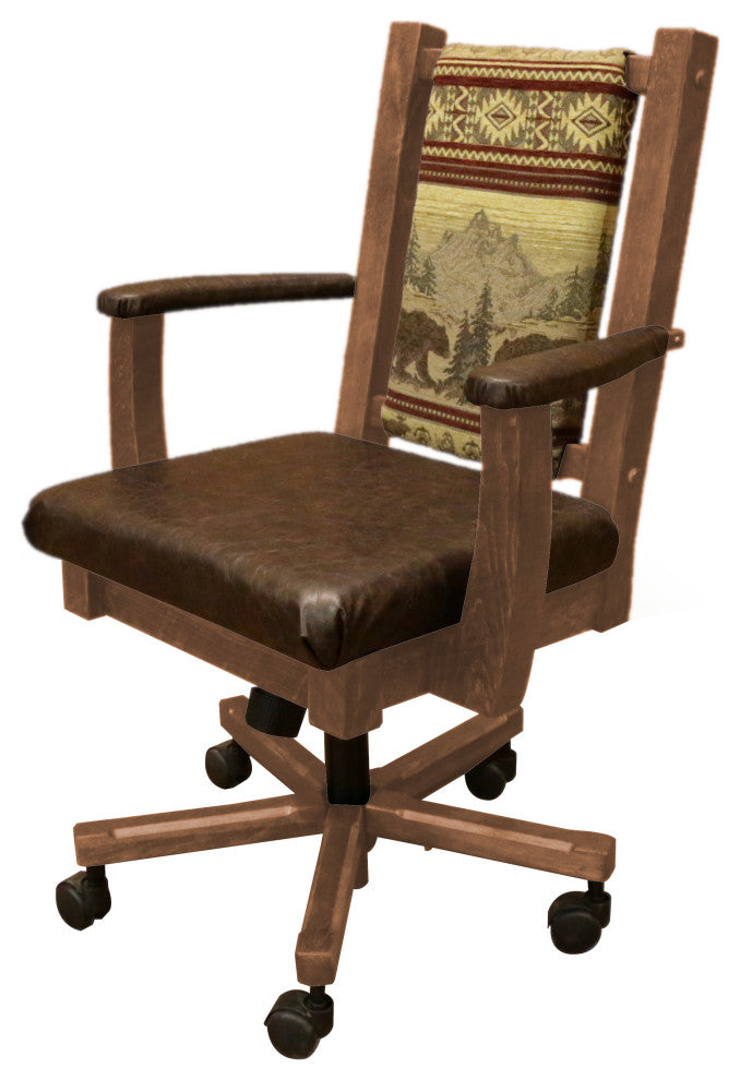 Barnwood Style Timber Peg Upholstered Office Chair, Early American, Bear Run and Quarter Espresso