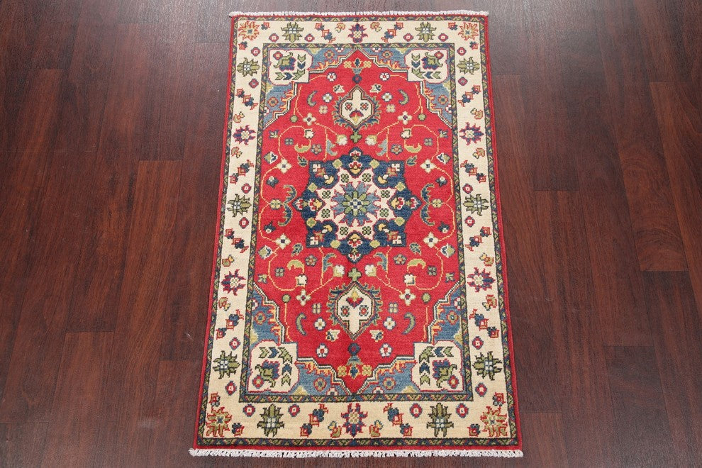 Oriental Pakistani Kazak Wool Hand-Knotted Traditional Area Rug, Red, 4'4"X2'8"