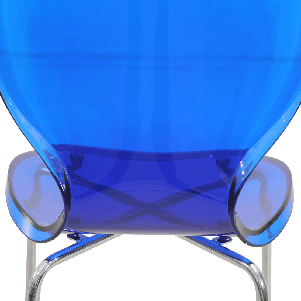 LeisureMod Oyster Acrylic Barstool With Steel Frame Set of 2, Transparent Blue