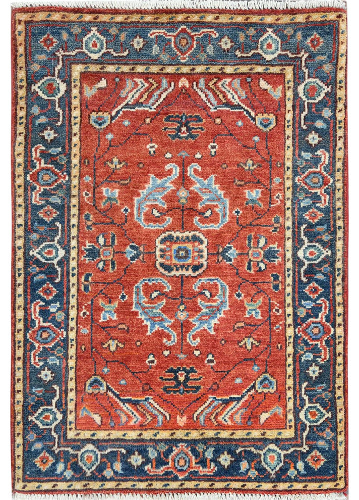 Tomato Red, Serapi Heriz Design, Pure Wool Hand Knotted Mat Rug, 2'0"x2'10"