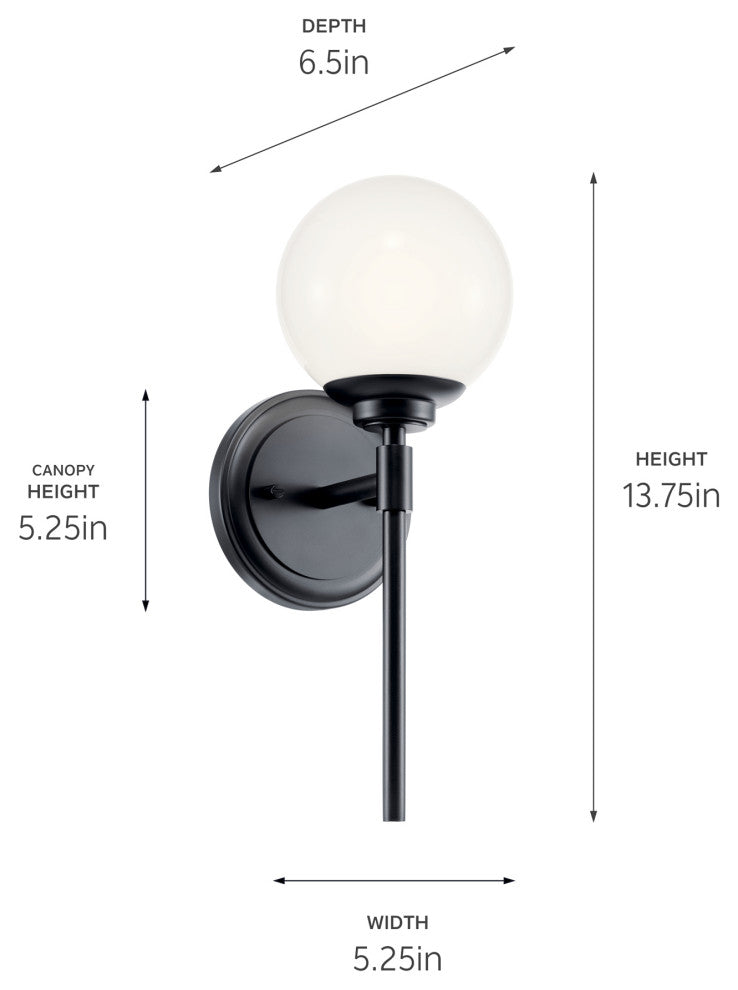 Benno 13.75" 1 Light Wall Sconce With Opal Glass, Black