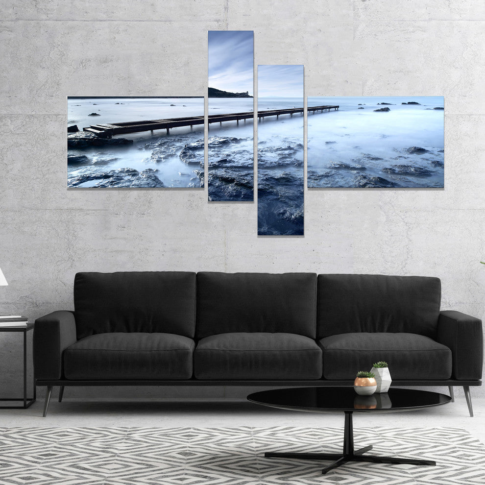 Wooden Pier Deep into Sea, Seascape Canvas Art Print, 60"x32", 4 panels