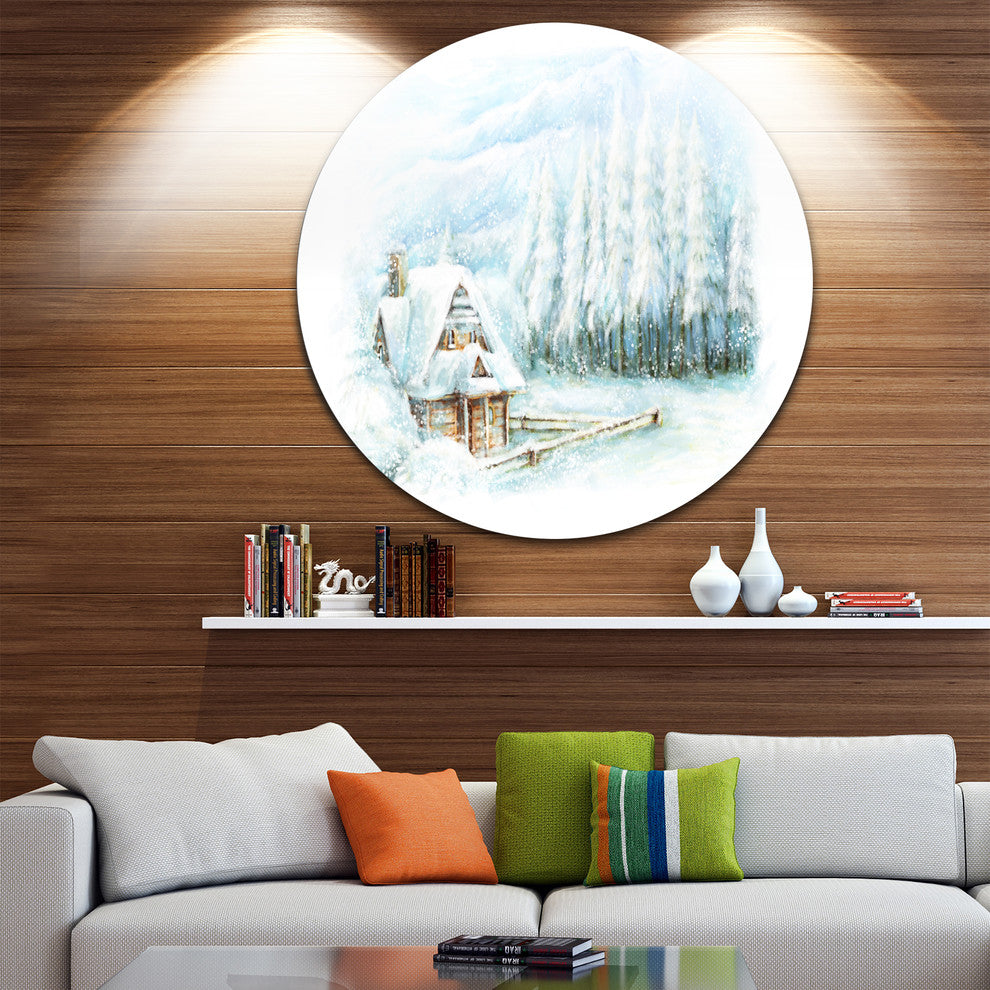 Christmas Winter Happy Scene, Landscape Large Disc Metal Wall Art, 23"