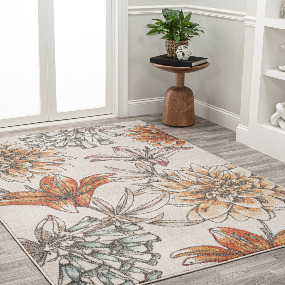 Giglio Modern Botanical Flower Area Rug, Orange/Blue/Cream, 3 X 5