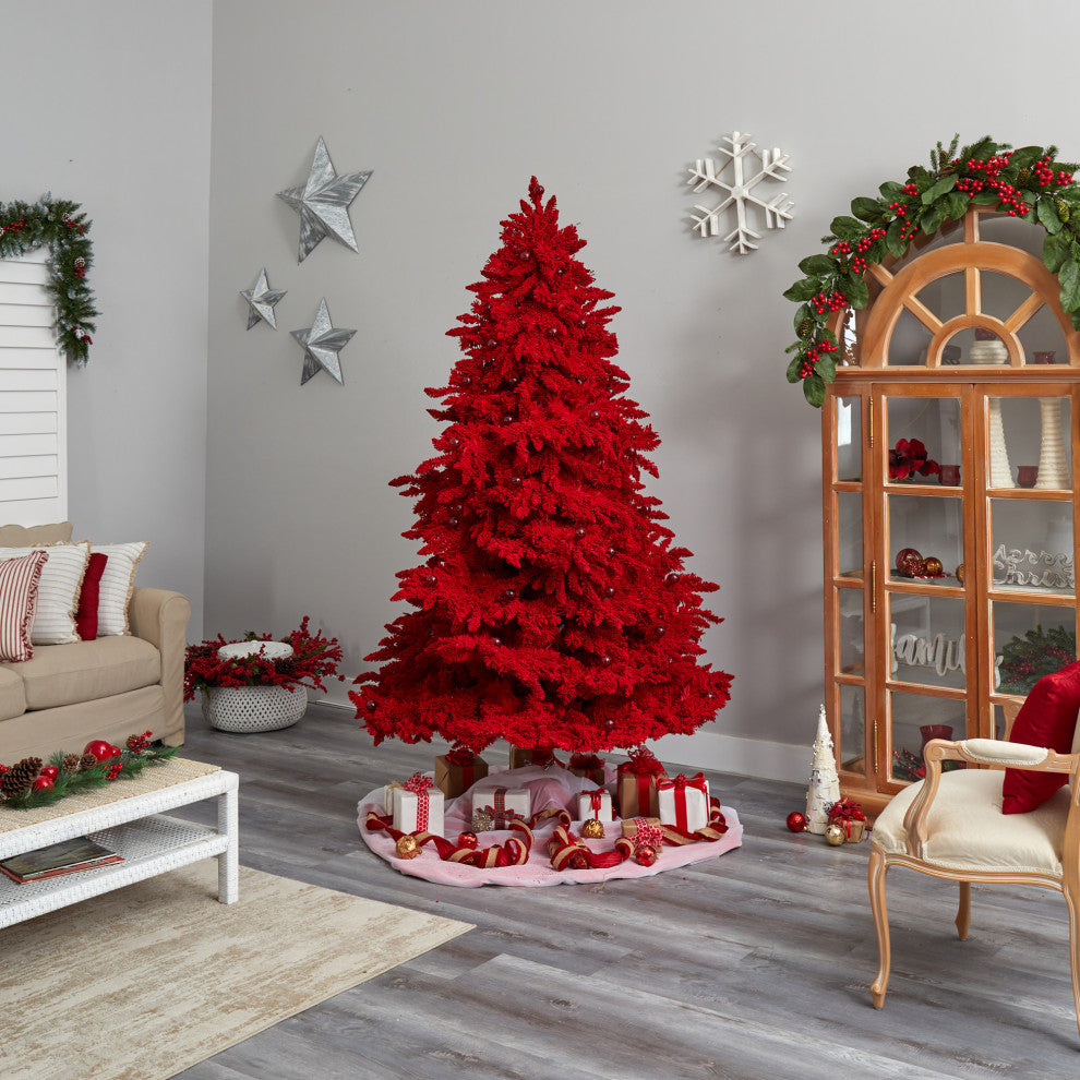 8' Red Flocked Fraser Fir Faux Xmas Tree W/Red Lights, Bulbs & Bendable Branches