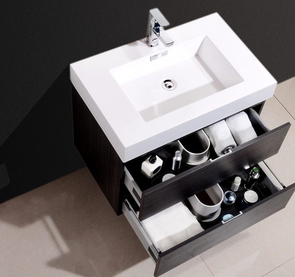 Bliss 30" High Gloss Gray Oak Wall Mount Modern Bathroom Vanity