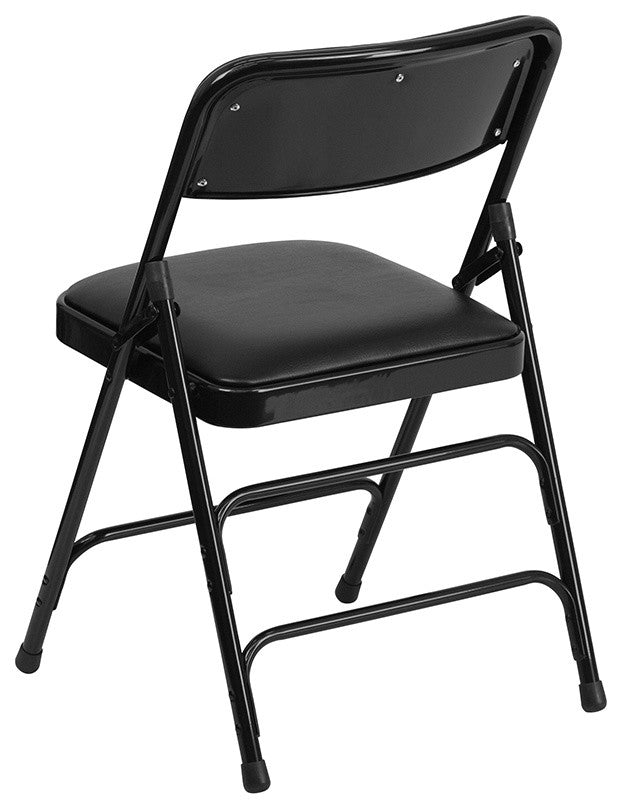 Curved Triple Braced and Double Hinged Black Vinyl Metal Folding Chair, Set of 4