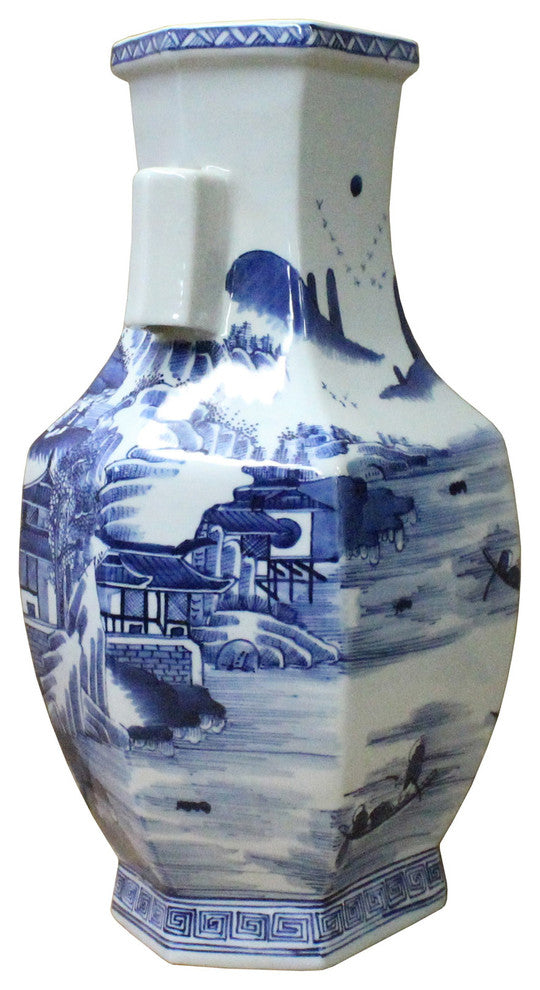 Chinese Blue and White Porcelain Oriental Mountain Scenery Graphic Vase Hcs3609